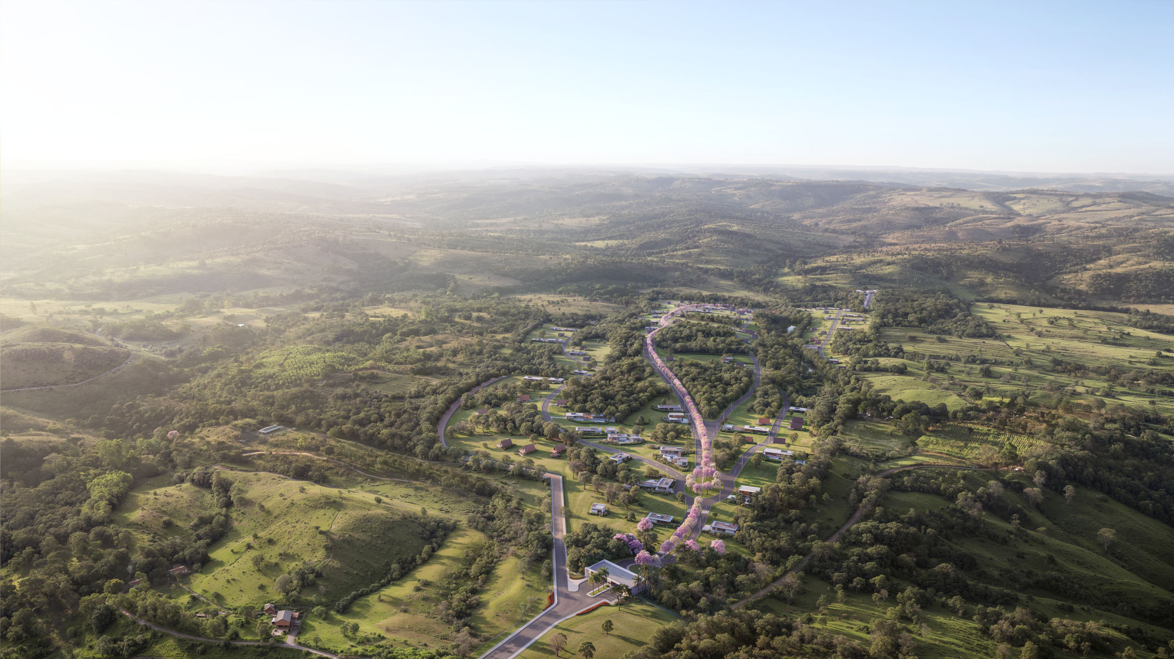 Vista aérea do Encontro das Águas — bangalôs entre o verde do cerrado.